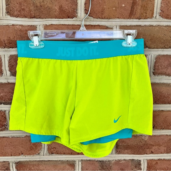 Nike Pants - Lime green and blue Nike dri fit running shorts with liner size: small